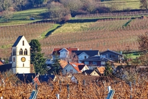 Britzingen mit St. Johannes, von Weinbergen umgeben.
